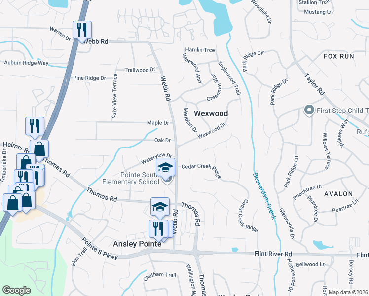 map of restaurants, bars, coffee shops, grocery stores, and more near 579 Wexwood Drive in Riverdale