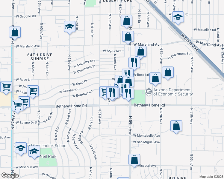 map of restaurants, bars, coffee shops, grocery stores, and more near 6118 North 60th Avenue in Glendale