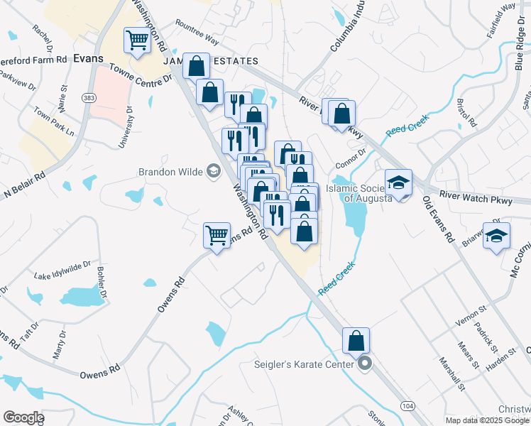 map of restaurants, bars, coffee shops, grocery stores, and more near 4237 Washington Road in Evans