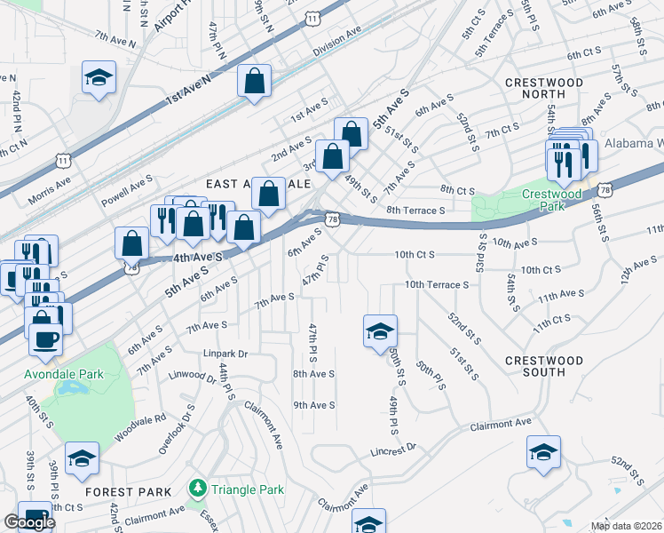 map of restaurants, bars, coffee shops, grocery stores, and more near 712 47th Way South in Birmingham