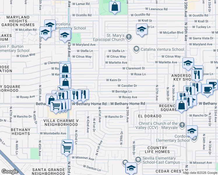 map of restaurants, bars, coffee shops, grocery stores, and more near 4026 West Cavalier Drive in Phoenix