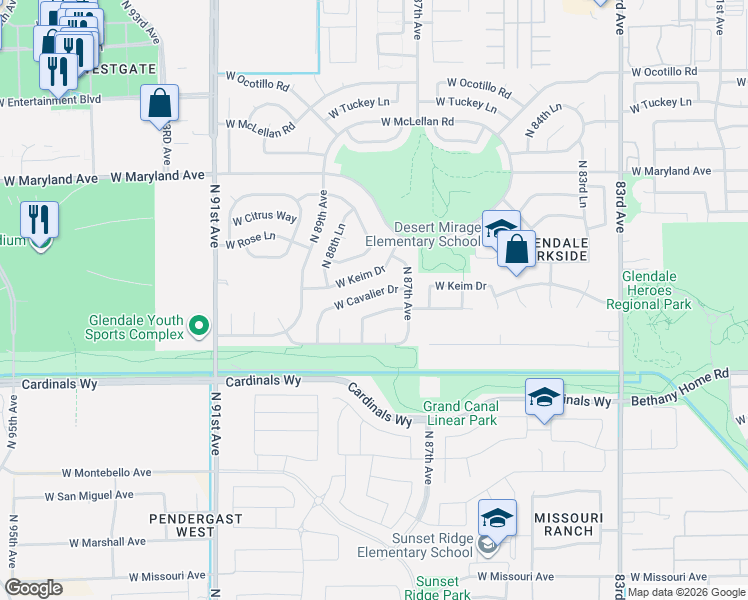 map of restaurants, bars, coffee shops, grocery stores, and more near 8778 West Cavalier Drive in Glendale