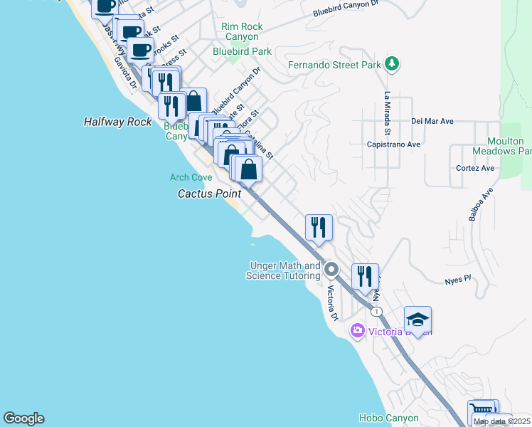 map of restaurants, bars, coffee shops, grocery stores, and more near 2175 South Coast Highway in Laguna Beach