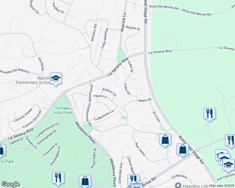 map of restaurants, bars, coffee shops, grocery stores, and more near 31492 Britton Circle in Temecula