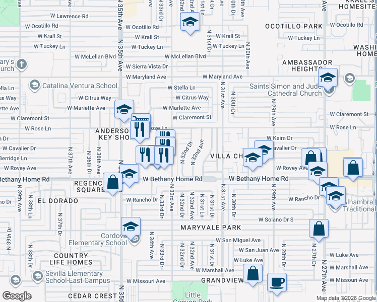 map of restaurants, bars, coffee shops, grocery stores, and more near 6101 North 32nd Drive in Phoenix