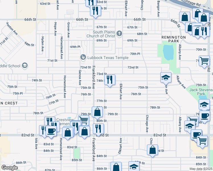 map of restaurants, bars, coffee shops, grocery stores, and more near 5723 74th Street in Lubbock