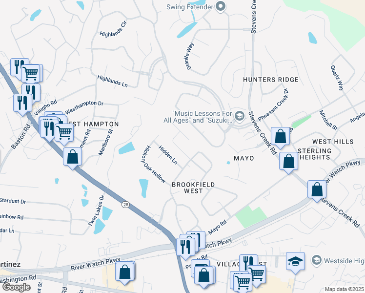 map of restaurants, bars, coffee shops, grocery stores, and more near 704 Gentlewind Lane in Martinez