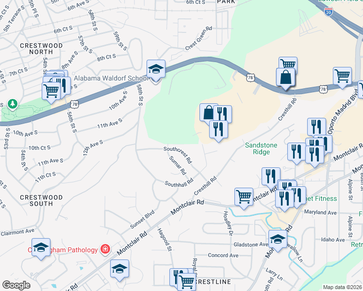 map of restaurants, bars, coffee shops, grocery stores, and more near 5908 Southcrest Road in Birmingham