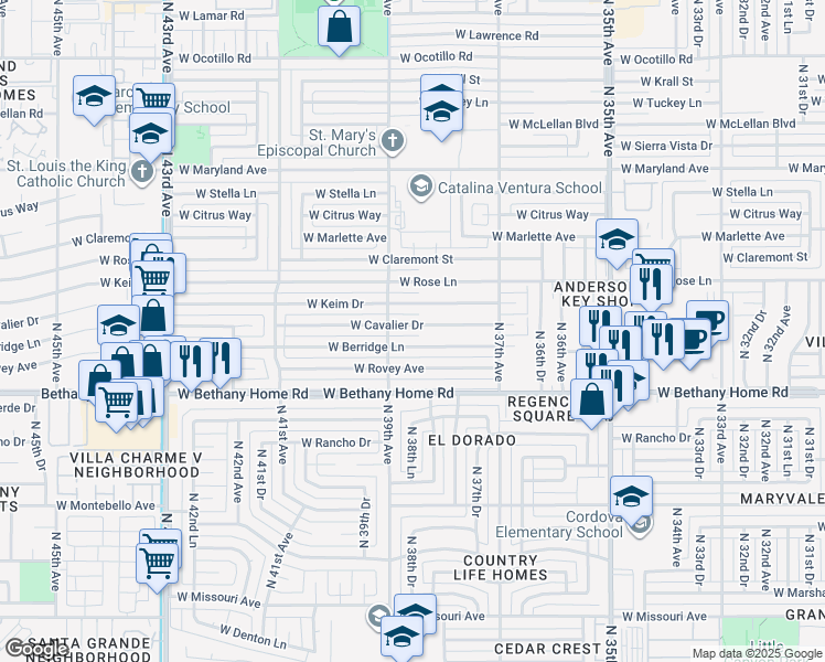 map of restaurants, bars, coffee shops, grocery stores, and more near 3820 West Cavalier Drive in Phoenix