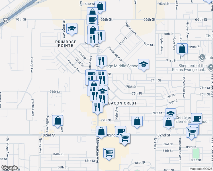 map of restaurants, bars, coffee shops, grocery stores, and more near 6307 74th Street in Lubbock