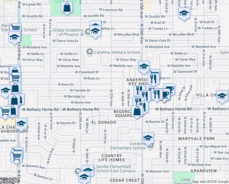 map of restaurants, bars, coffee shops, grocery stores, and more near 3654 West Cavalier Drive in Phoenix