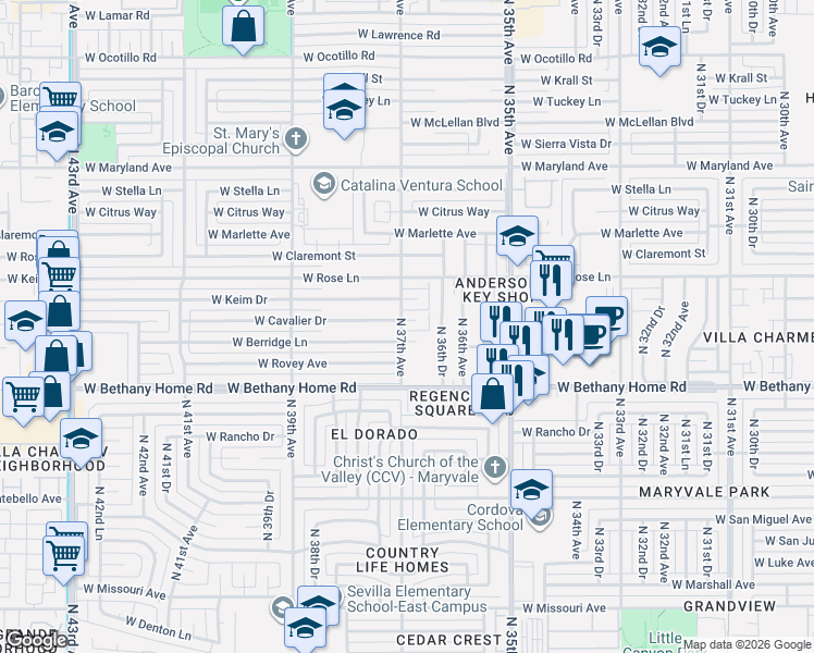 map of restaurants, bars, coffee shops, grocery stores, and more near 3654 West Cavalier Drive in Phoenix