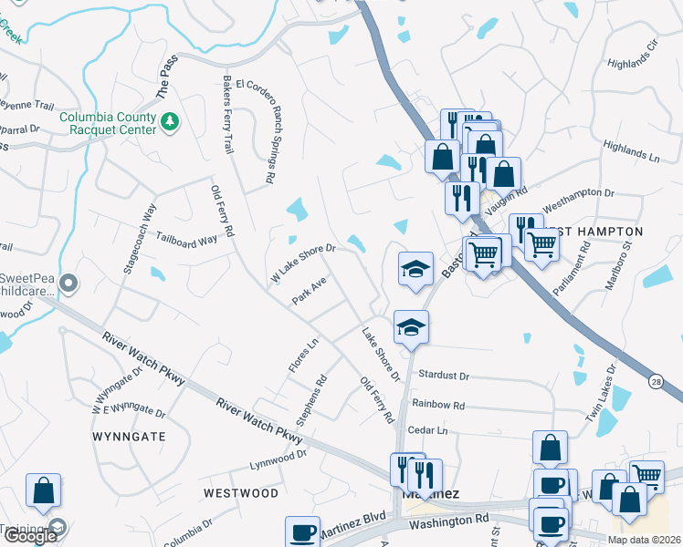 map of restaurants, bars, coffee shops, grocery stores, and more near 3646 West Lake Shore Drive in Martinez