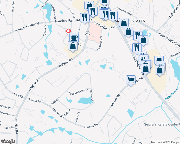 map of restaurants, bars, coffee shops, grocery stores, and more near 4275 Owens Road in Evans