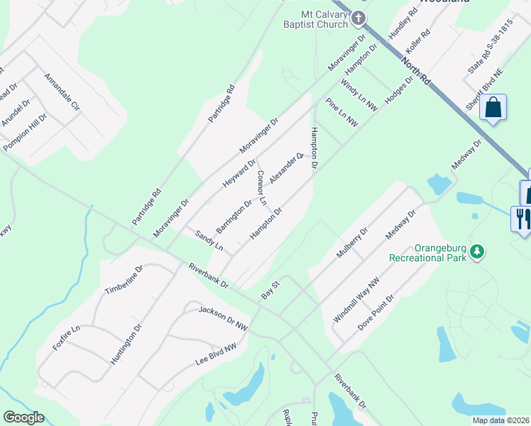 map of restaurants, bars, coffee shops, grocery stores, and more near 692 Hampton Drive in Orangeburg