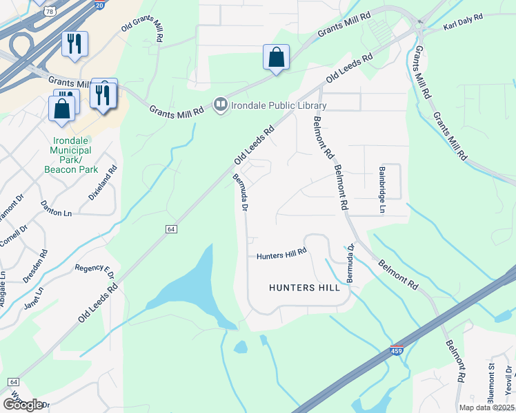 map of restaurants, bars, coffee shops, grocery stores, and more near 3513 Bermuda Drive in Irondale