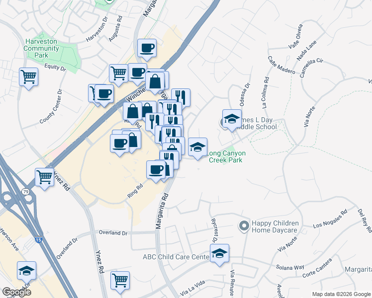 map of restaurants, bars, coffee shops, grocery stores, and more near 40573 Chantemar Way in Temecula