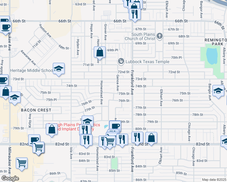 map of restaurants, bars, coffee shops, grocery stores, and more near 5906 75th Street in Lubbock