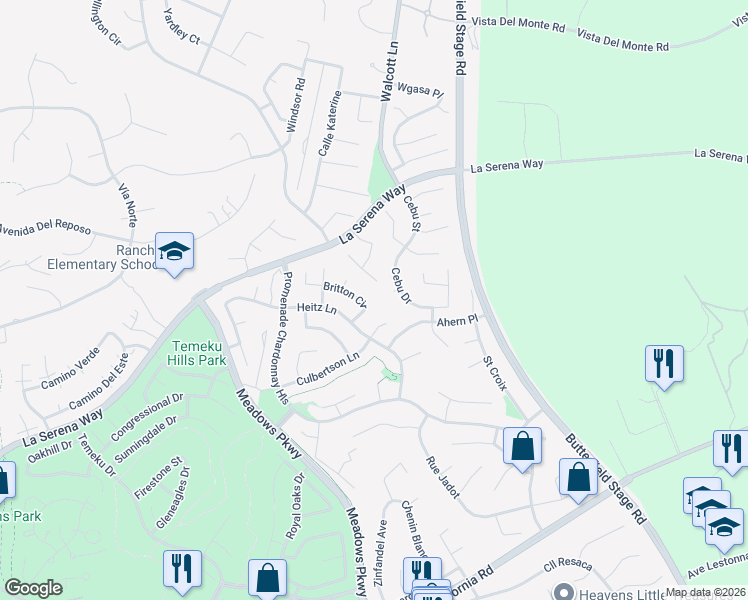 map of restaurants, bars, coffee shops, grocery stores, and more near 31492 Britton Circle in Temecula