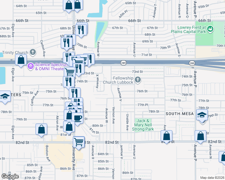 map of restaurants, bars, coffee shops, grocery stores, and more near 7501 Avenue W in Lubbock