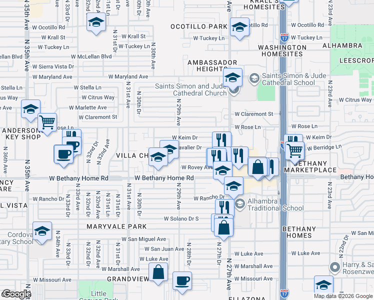 map of restaurants, bars, coffee shops, grocery stores, and more near 2822 West Cavalier Drive in Phoenix