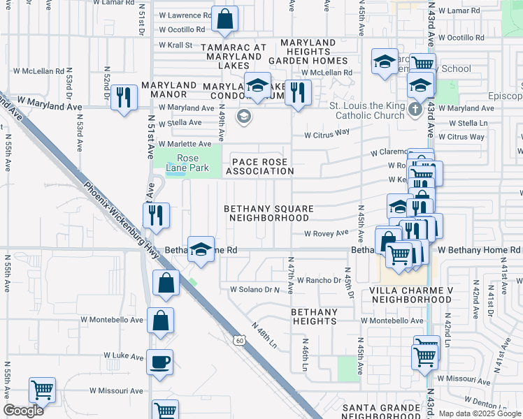 map of restaurants, bars, coffee shops, grocery stores, and more near 6203 North 48th Avenue in Glendale