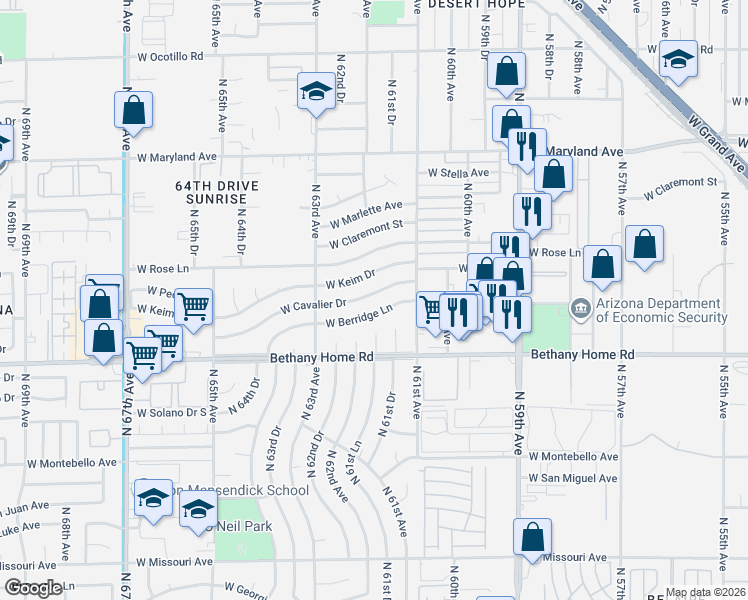 map of restaurants, bars, coffee shops, grocery stores, and more near 6140 West Cavalier Drive in Glendale