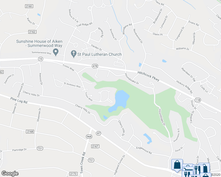 map of restaurants, bars, coffee shops, grocery stores, and more near 111 Burnham Court in Aiken