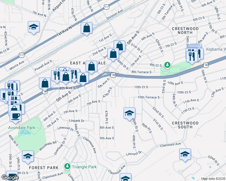 map of restaurants, bars, coffee shops, grocery stores, and more near 4701 6th Avenue South in Birmingham