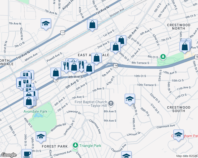 map of restaurants, bars, coffee shops, grocery stores, and more near 525 47th Street South in Birmingham