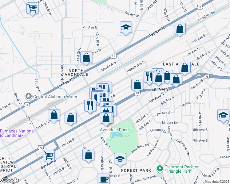 map of restaurants, bars, coffee shops, grocery stores, and more near 4237 1st Avenue South in Birmingham