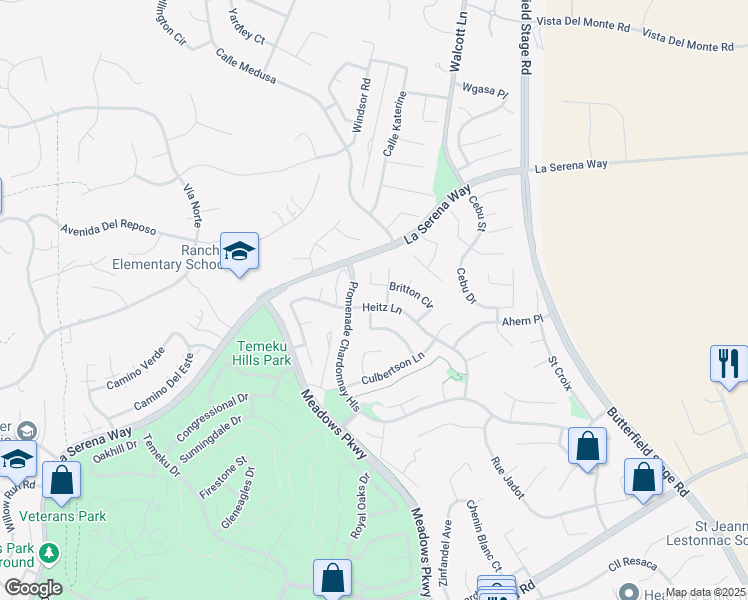 map of restaurants, bars, coffee shops, grocery stores, and more near 31422 Heitz Lane in Temecula