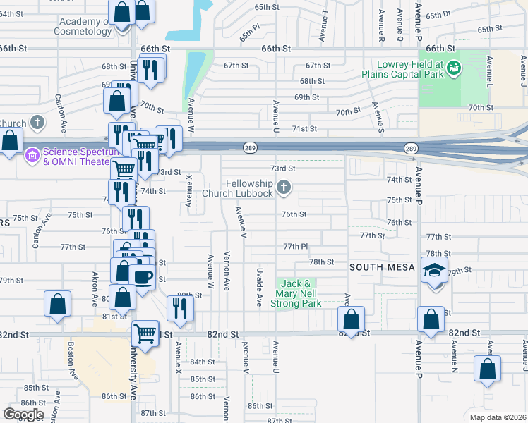 map of restaurants, bars, coffee shops, grocery stores, and more near 2101 75th Street in Lubbock