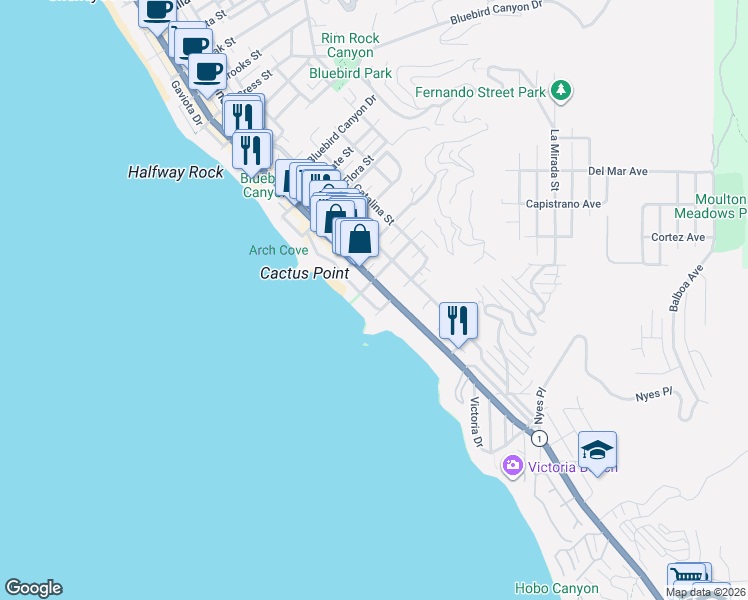 map of restaurants, bars, coffee shops, grocery stores, and more near 2160 Ocean Way in Laguna Beach