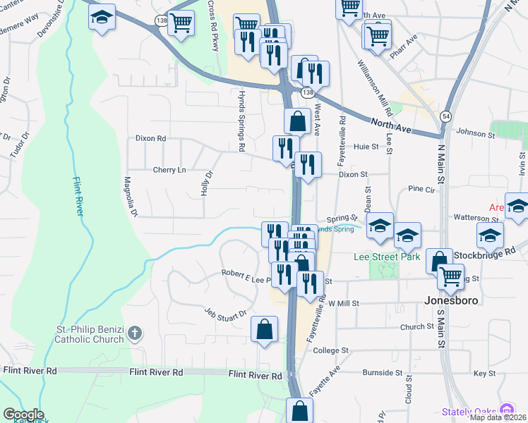 map of restaurants, bars, coffee shops, grocery stores, and more near 8337 Tara Boulevard in Jonesboro