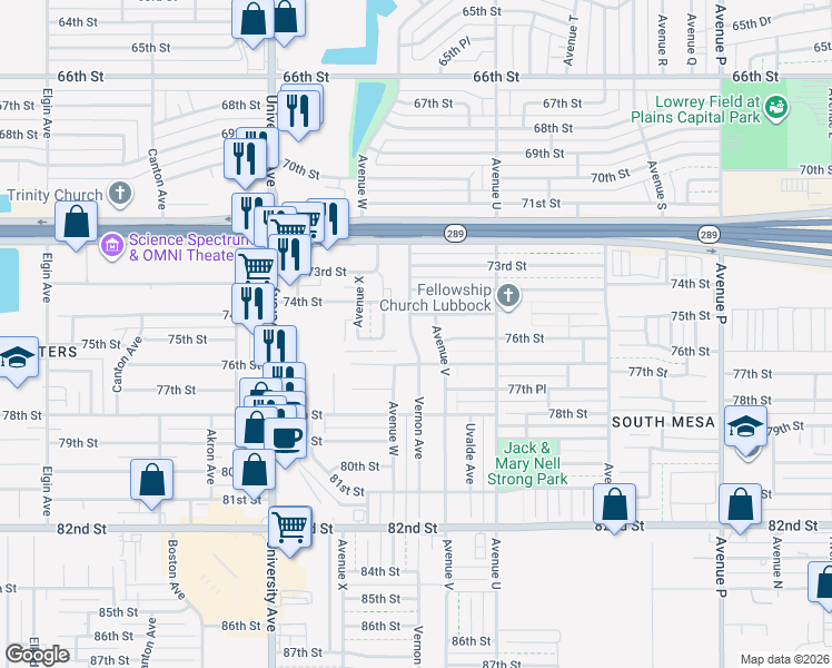 map of restaurants, bars, coffee shops, grocery stores, and more near 7501 Avenue W in Lubbock