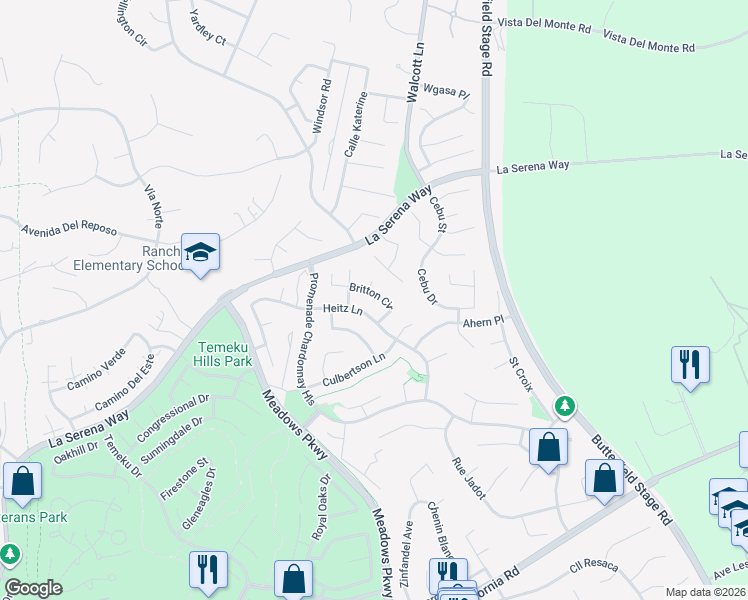 map of restaurants, bars, coffee shops, grocery stores, and more near 31457 Britton Circle in Temecula