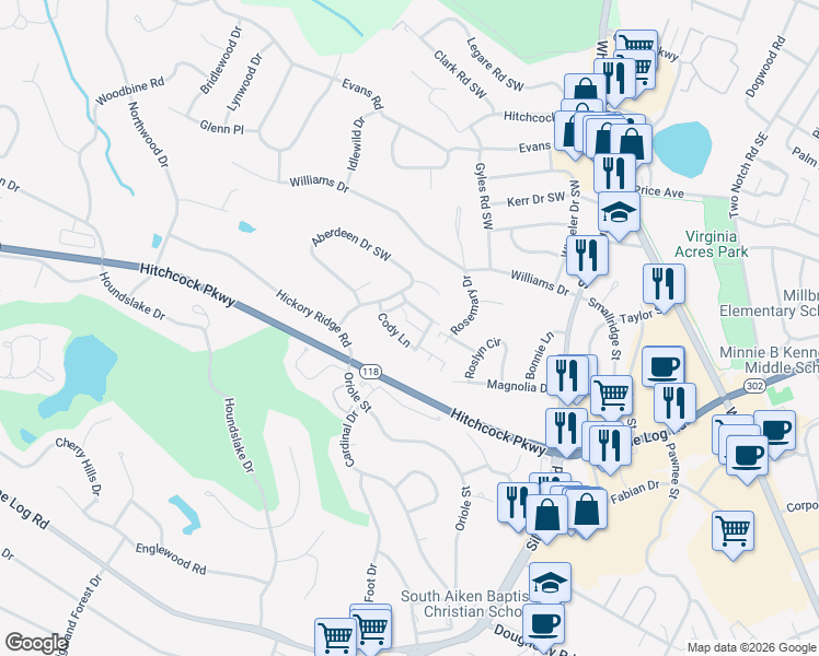 map of restaurants, bars, coffee shops, grocery stores, and more near 203 Sunridge Road in Aiken