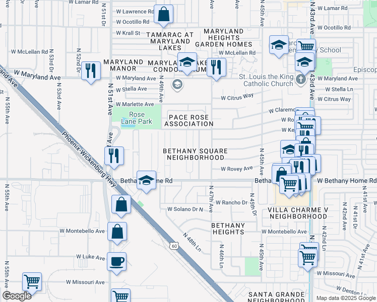 map of restaurants, bars, coffee shops, grocery stores, and more near 6021 North 48th Avenue in Glendale