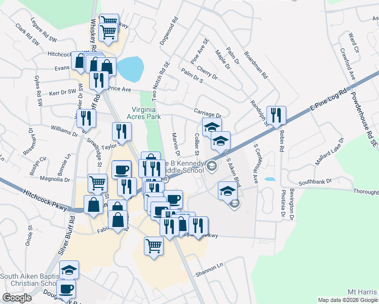 map of restaurants, bars, coffee shops, grocery stores, and more near 114 Clifton Street in Aiken