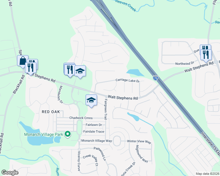map of restaurants, bars, coffee shops, grocery stores, and more near 526 Surrey Lane in Stockbridge