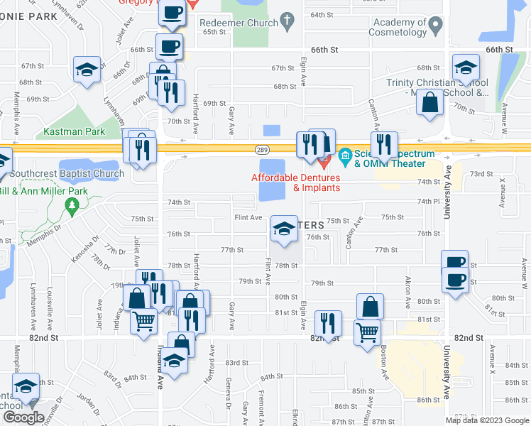 map of restaurants, bars, coffee shops, grocery stores, and more near 3104 75th Street in Lubbock
