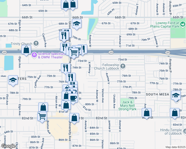 map of restaurants, bars, coffee shops, grocery stores, and more near 7408 Waco Avenue in Lubbock