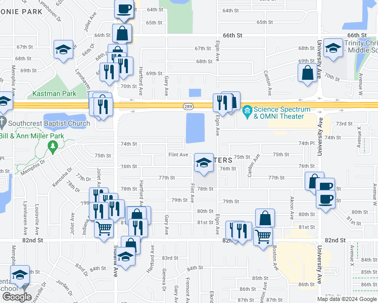 map of restaurants, bars, coffee shops, grocery stores, and more near 3108 75th Street in Lubbock