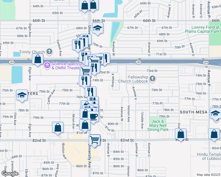 map of restaurants, bars, coffee shops, grocery stores, and more near 7408 Avenue X in Lubbock