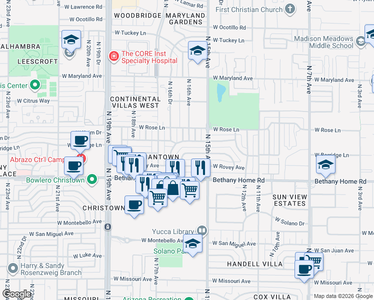 map of restaurants, bars, coffee shops, grocery stores, and more near 1603 West Keim Drive in Phoenix