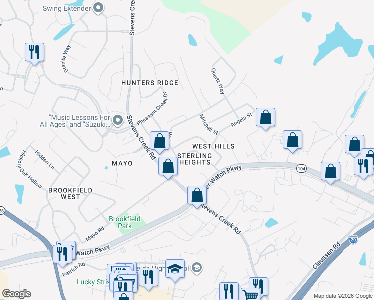 map of restaurants, bars, coffee shops, grocery stores, and more near 3021 Sterling Road in Augusta