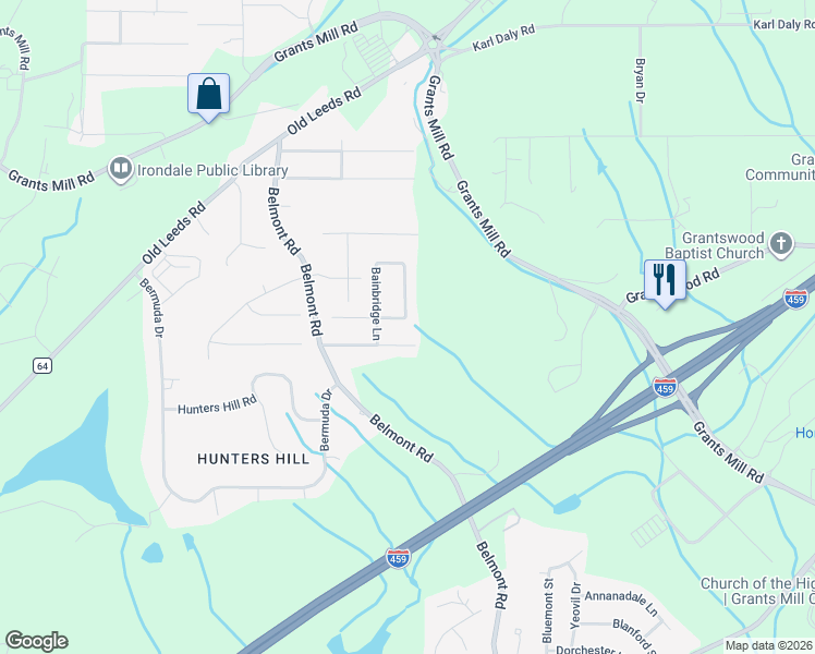 map of restaurants, bars, coffee shops, grocery stores, and more near 811 Bainbridge Way in Birmingham