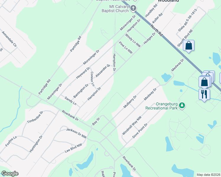 map of restaurants, bars, coffee shops, grocery stores, and more near 657 Hampton Drive in Orangeburg