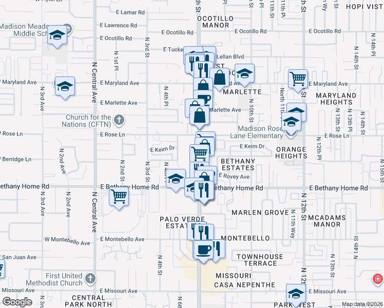 map of restaurants, bars, coffee shops, grocery stores, and more near 6107 North 7th Street in Phoenix